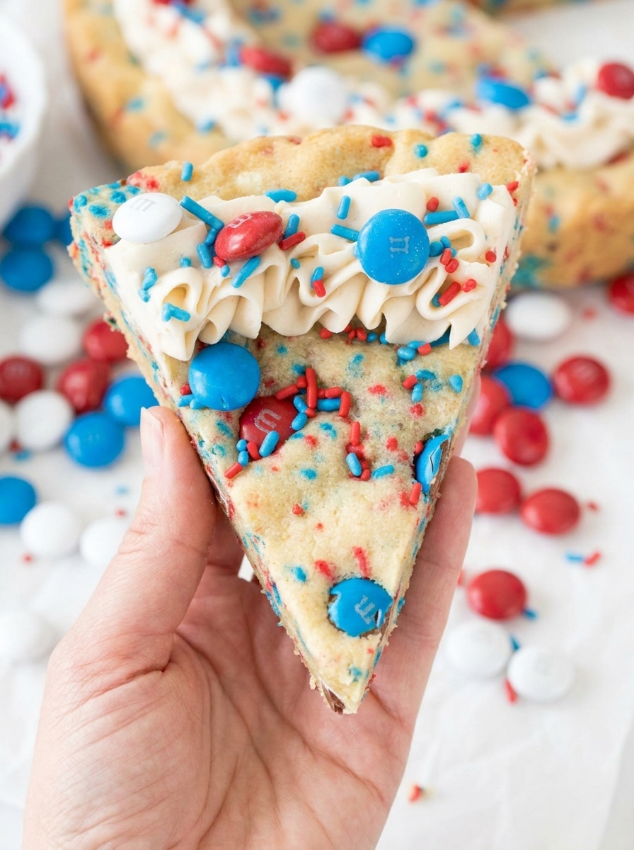 A finished Fireworks Sugar Cookie Cake with a soft center, buttercream border, colorful candies, and sprinkles
