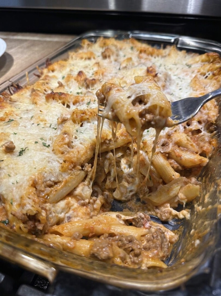 A hot serving of Million Dollar Baked Ziti with creamy layers, beef sauce, and melted cheese