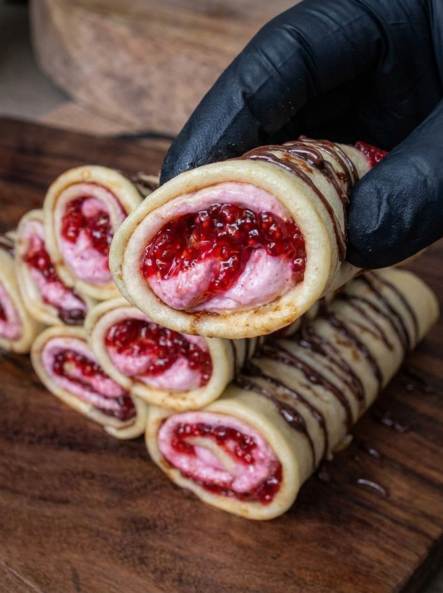 Strawberry cheesecake crepes filled with cream cheese and strawberry compote and finished with dark chocolate