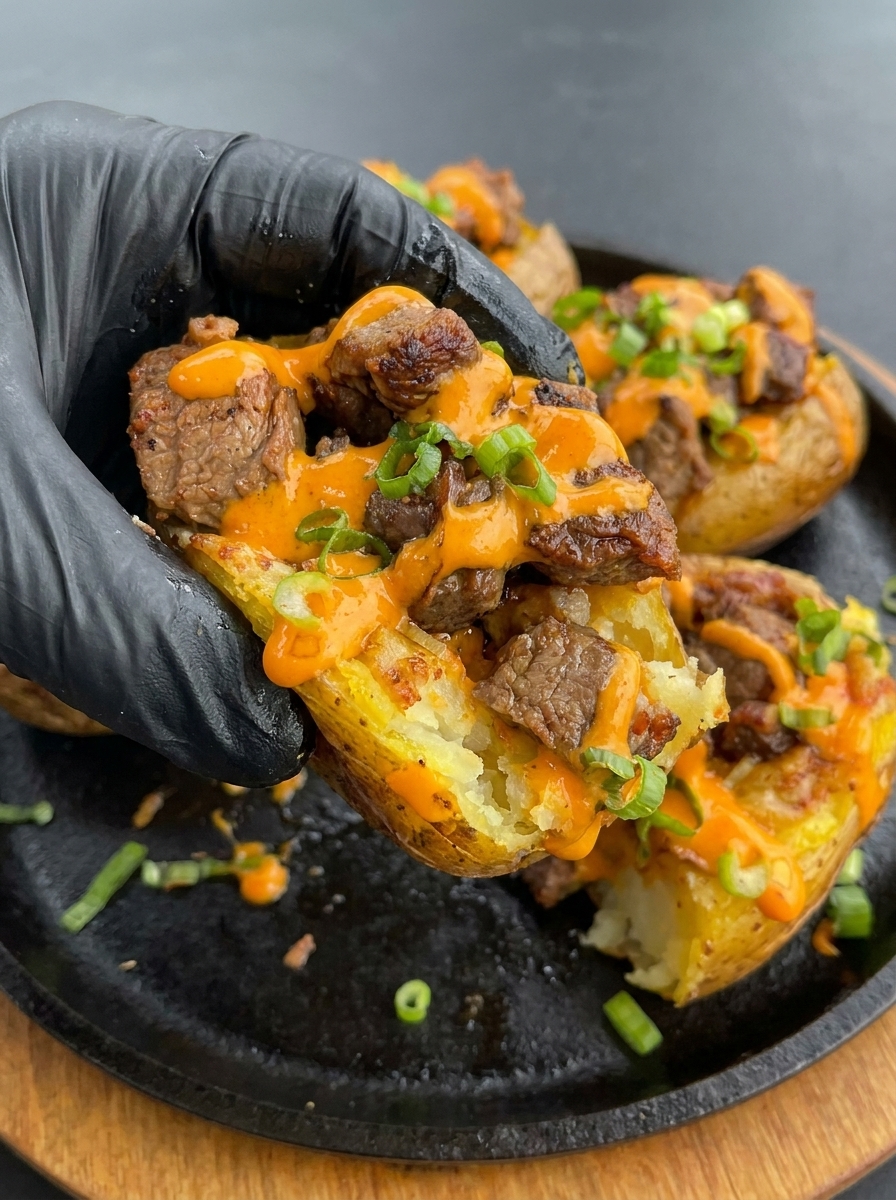 Loaded baked potatoes topped with seared steak bites, bacon, cheese, chipotle mayo, and green onions