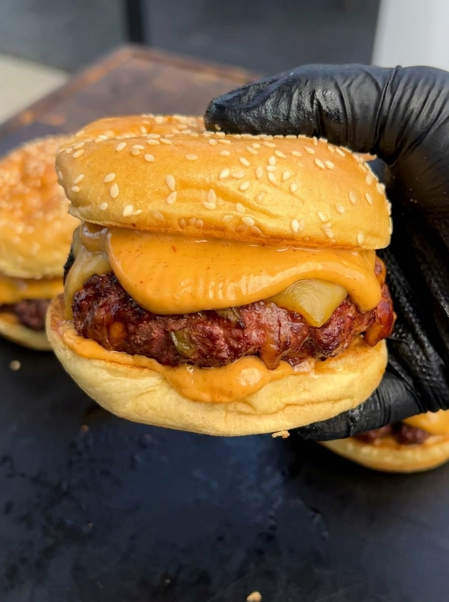 Smoked cheddar jalapeño stuffed burger on a toasted brioche bun with melted cheese