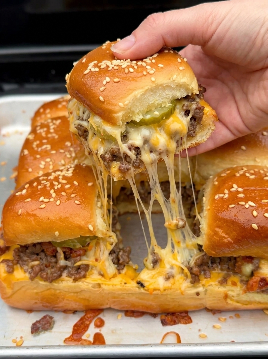 Baked bacon cheeseburger sliders with golden sesame rolls, pickles, and melted cheese