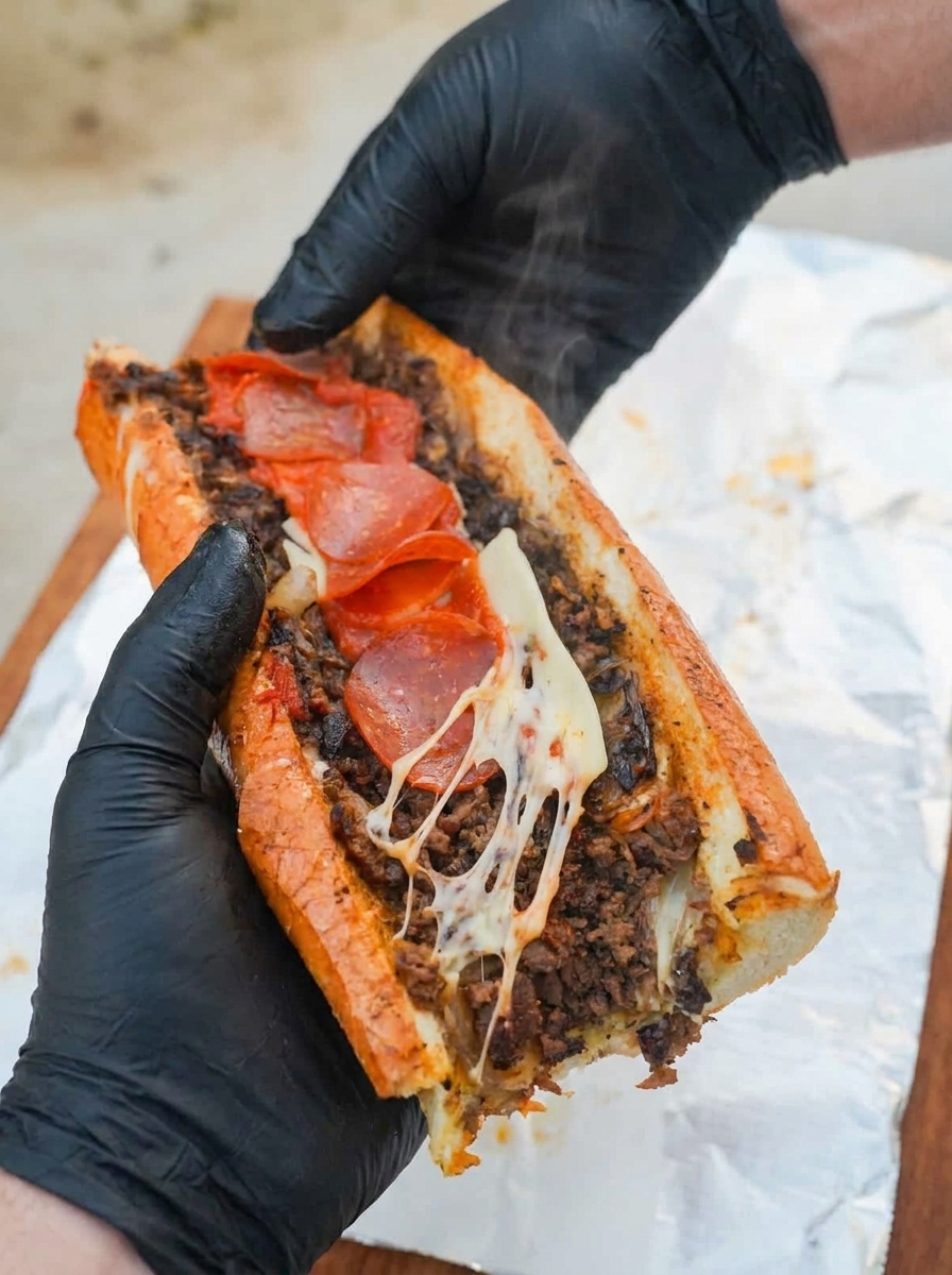 Pizza cheesesteak filled with chopped ribeye, pepperoni, pizza sauce, and melted mozzarella