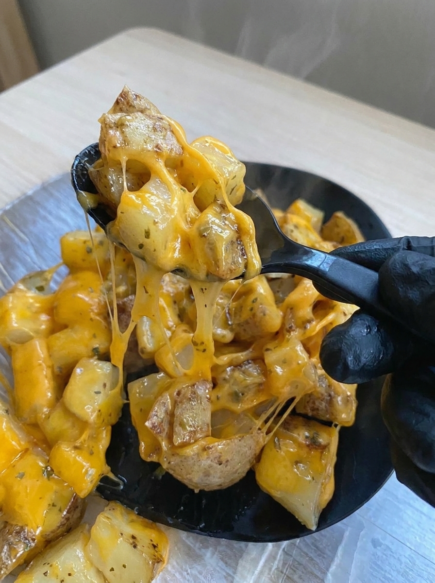 Cheesy ranch potatoes served hot with golden edges and melted cheddar