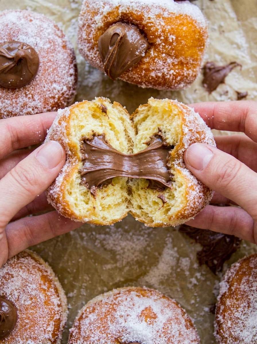 Sugar-coated Nutella donuts filled with chocolate-hazelnut spread