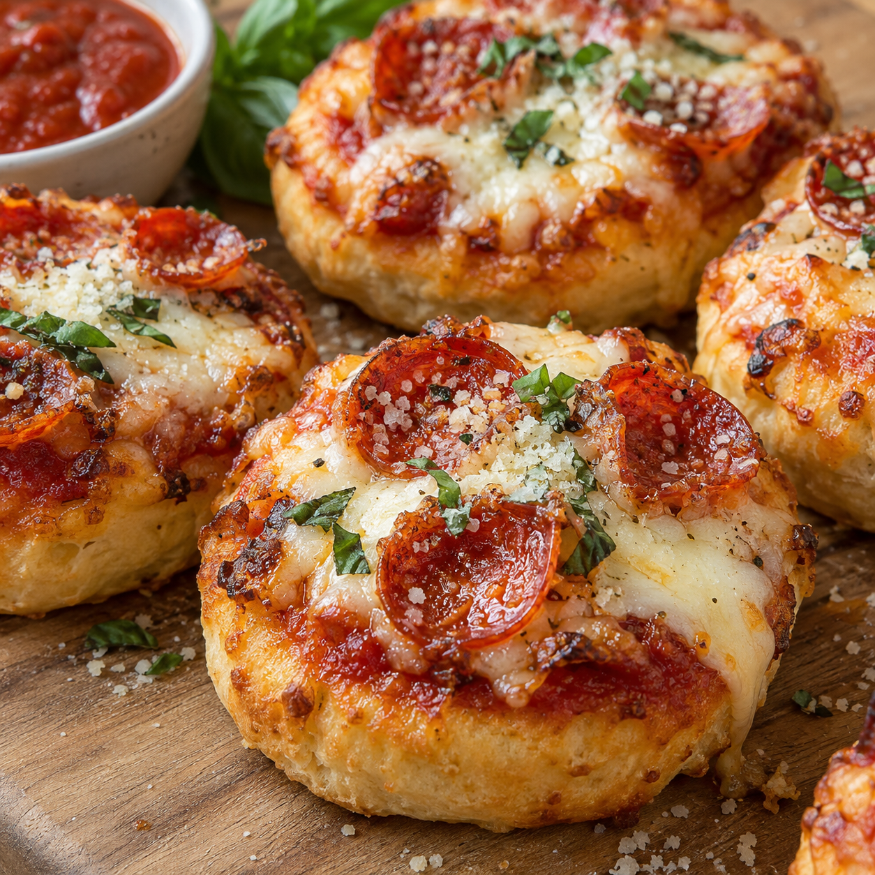 Air fryer biscuit pizzas with melted mozzarella, pepperoni, and basil