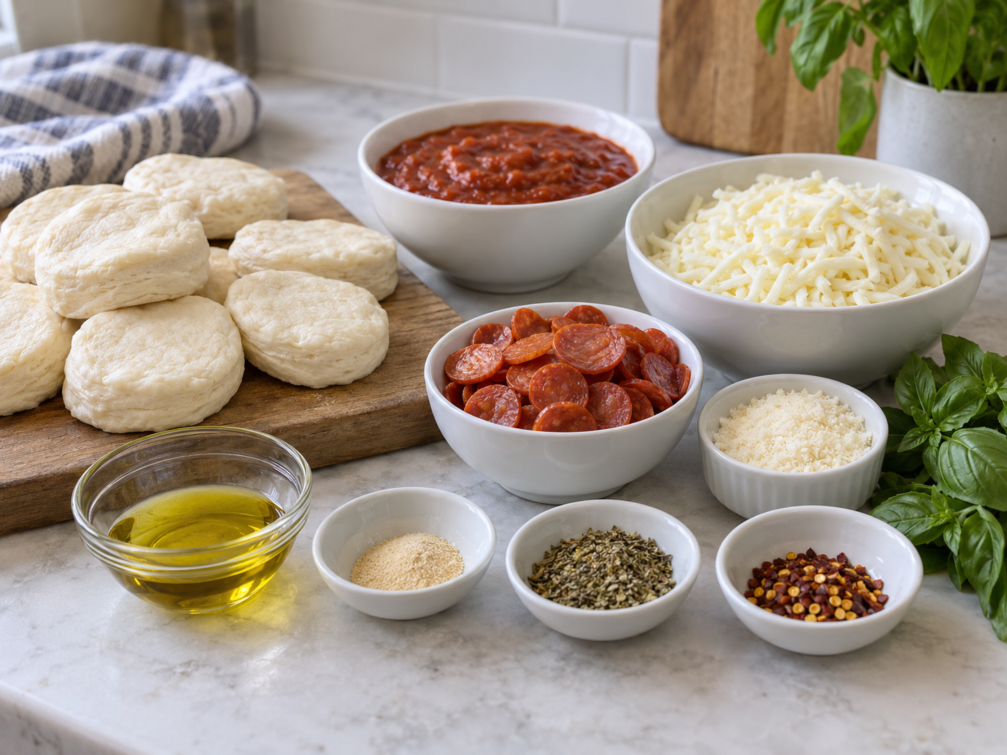 Ingredients for air fryer biscuit pizzas with sauce, cheese, and pepperoni