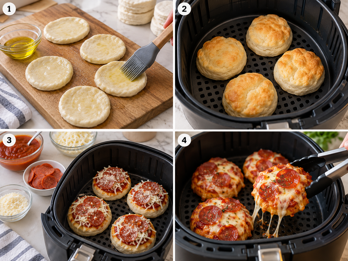 Four steps for making air fryer biscuit pizzas from dough to melted cheese