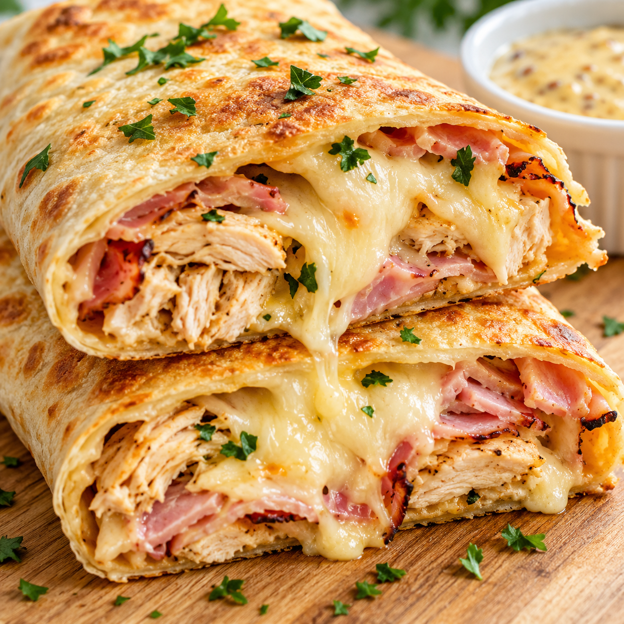 Sliced air fryer chicken wrap showing melted Swiss cheese, ham, and chicken inside a crispy folded tortilla