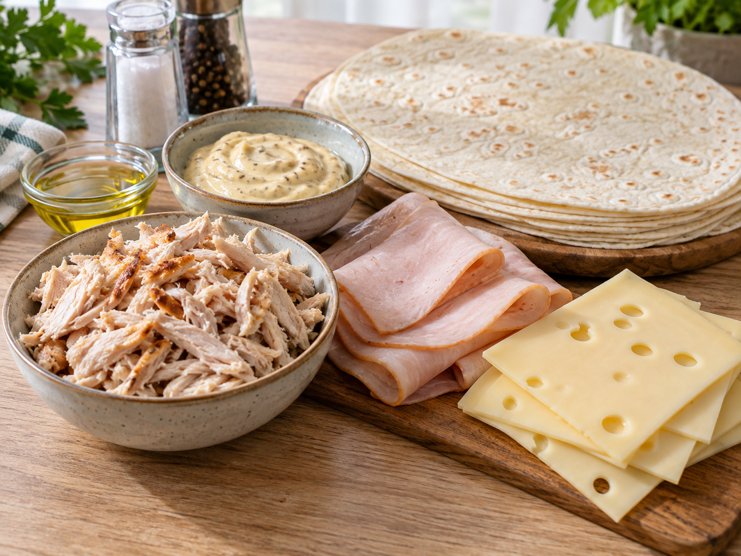 Raw ingredients for air fryer chicken wraps including chicken, deli ham, Swiss cheese, and tortillas