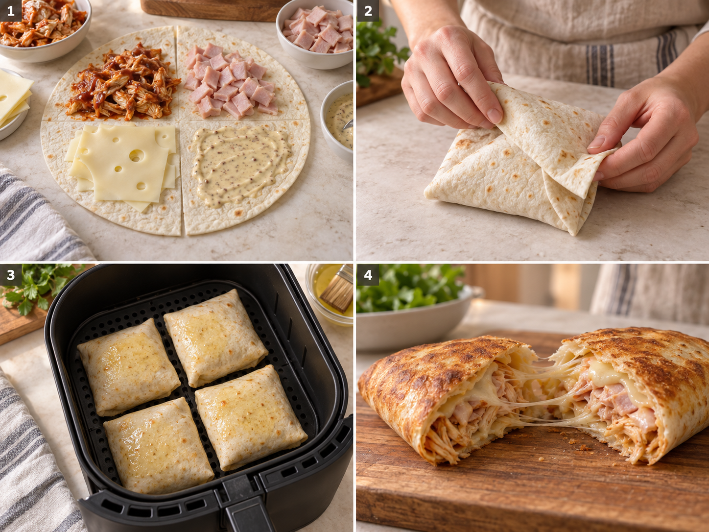 Four steps of folding, air frying, and slicing a crispy chicken and Swiss wrap