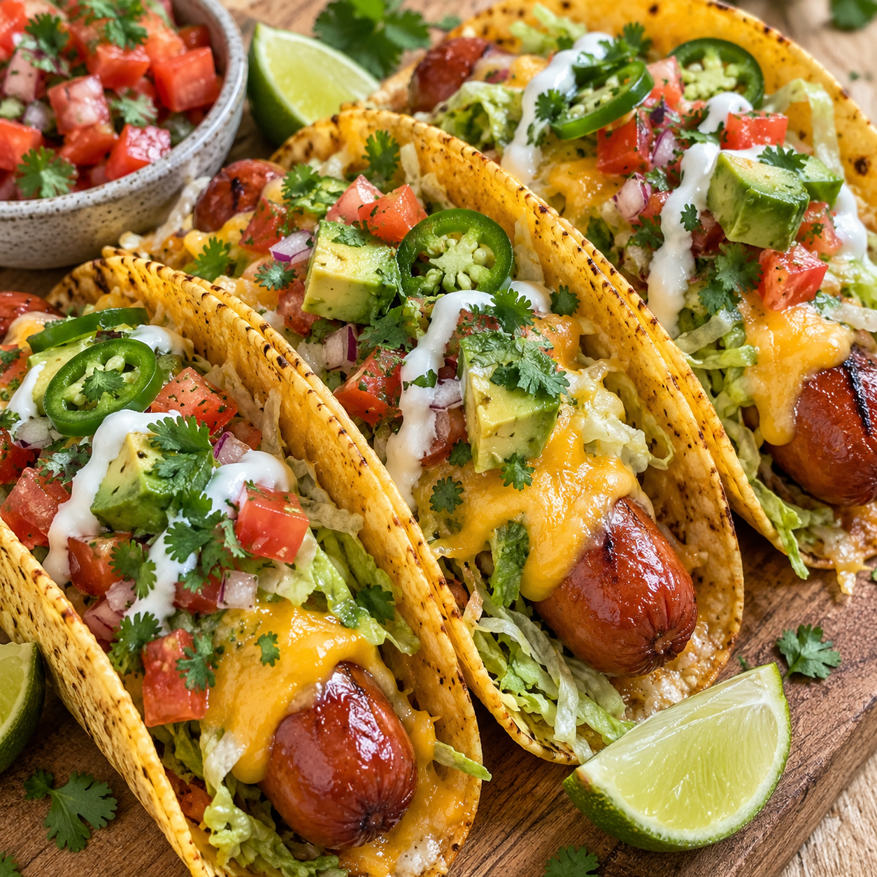 Air fryer taco hot dogs with cheese, lettuce, pico, avocado, and sour cream