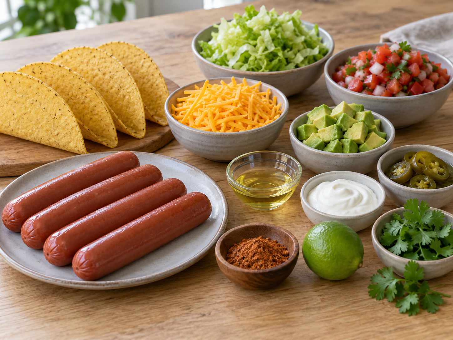 Ingredients for air fryer taco hot dogs on a light wooden surface