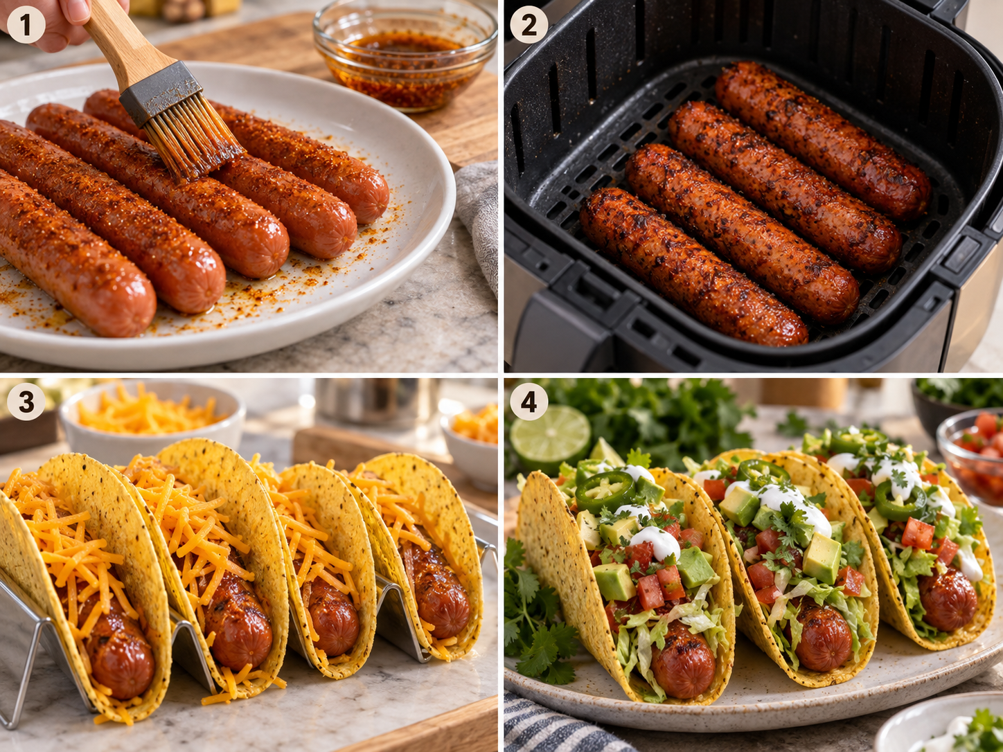 Four steps for making air fryer taco hot dogs from seasoning to topping