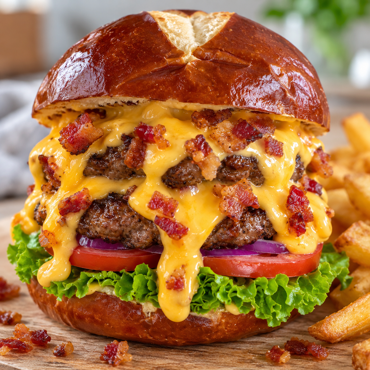 Bacon beer cheese burger with melted cheddar sauce dripping down a toasted bun