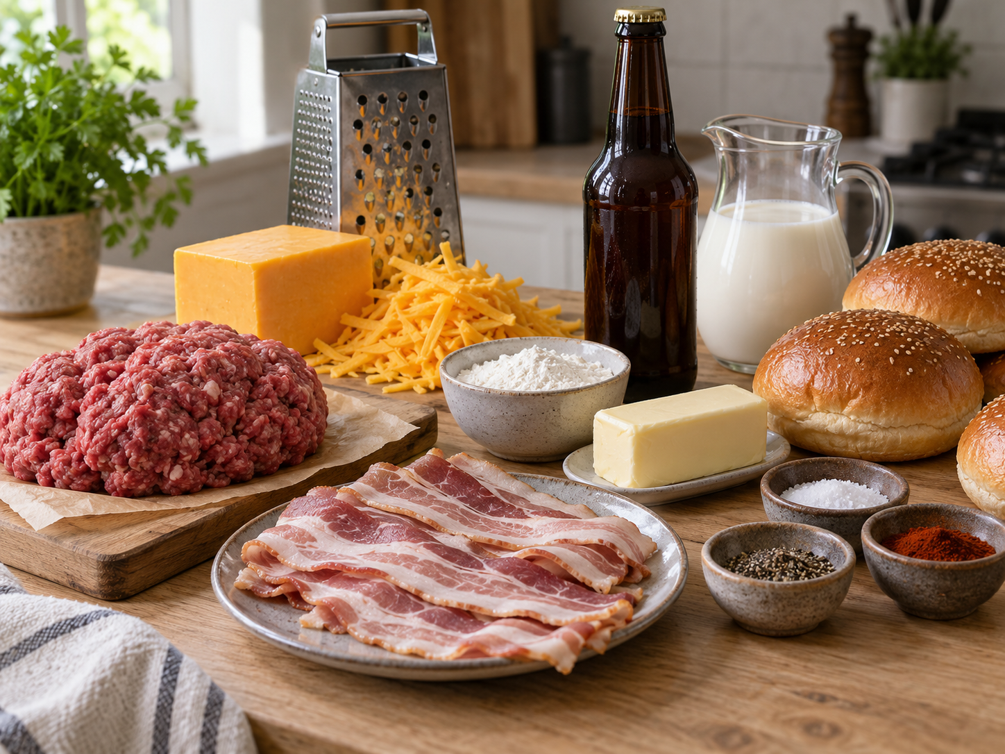 Raw ground beef, bacon, cheddar, flour, and beer for making beer cheese burgers