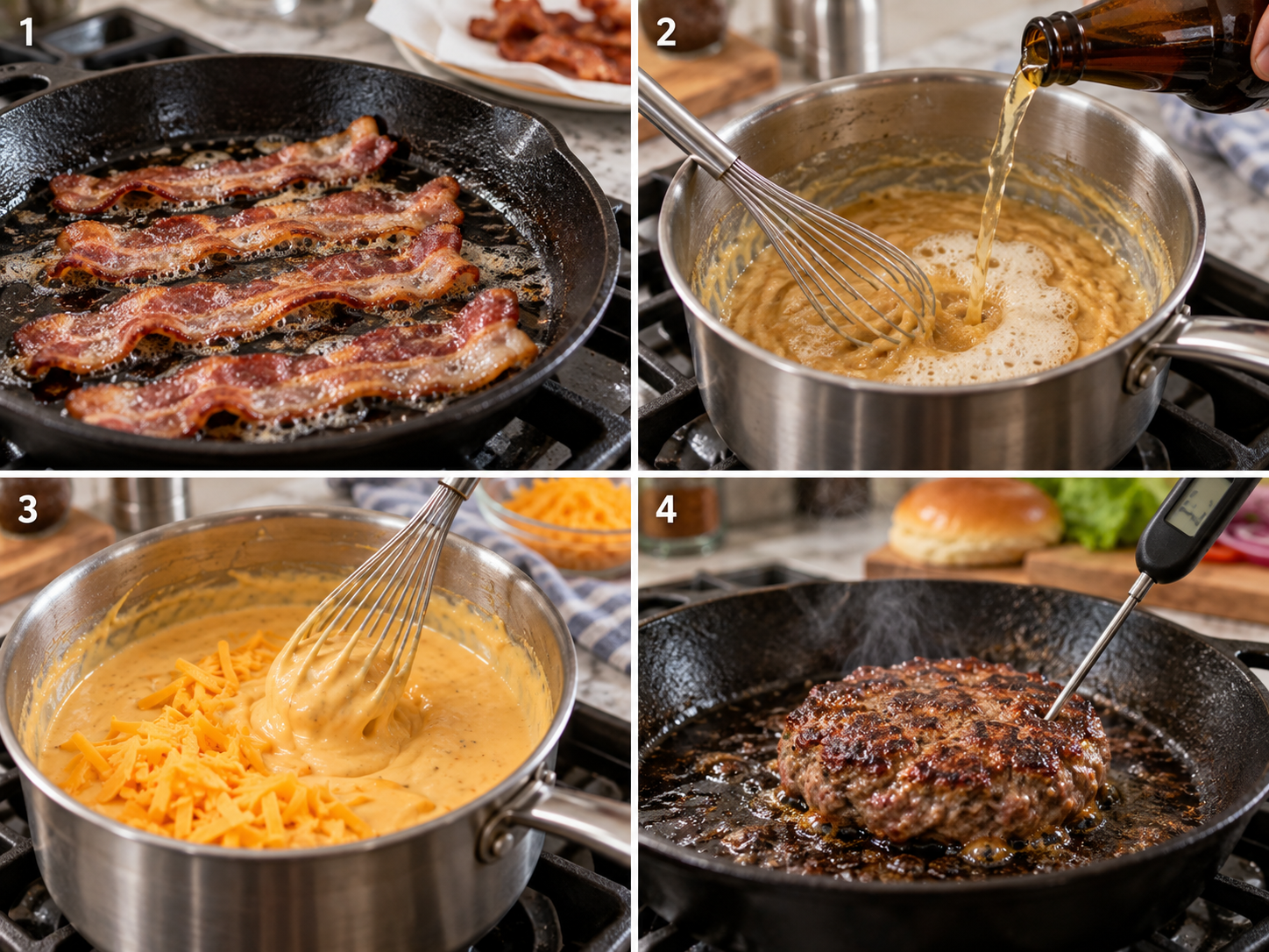 Four steps of making a bacon beer cheese burger from bacon to seared patty