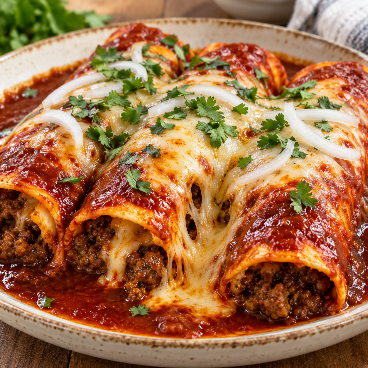 Rolled beef enchiladas covered in red chile sauce and melted cheese with cilantro