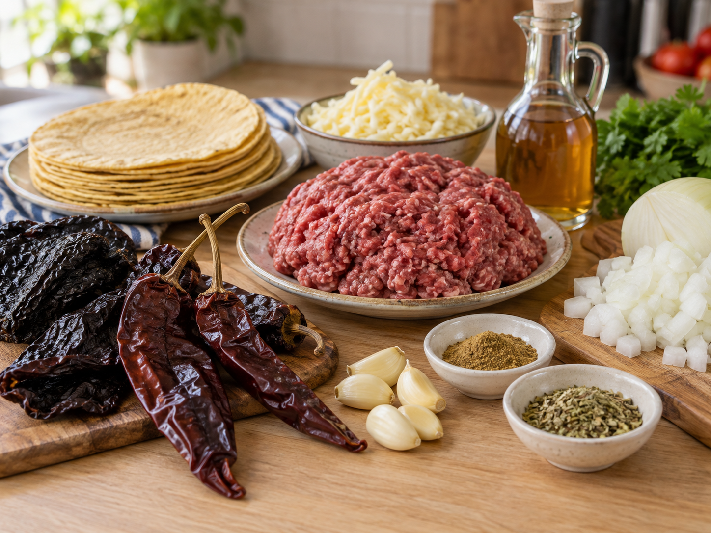 Dried chiles, ground beef, corn tortillas, cheese, and spices for enchiladas