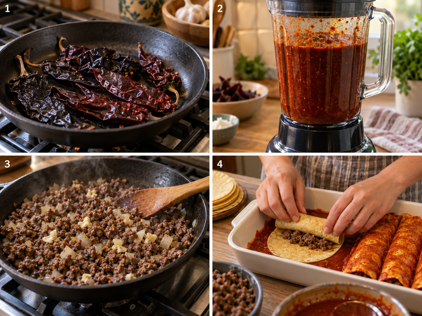 Four steps of making beef enchiladas from toasting chiles to rolling tortillas