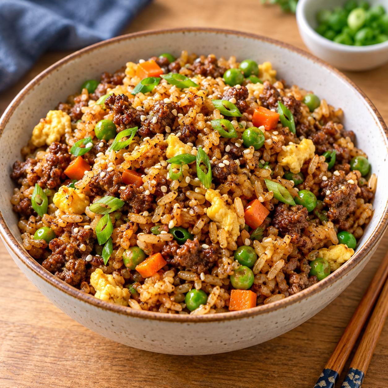 Beef fried rice with scrambled egg, peas, and carrots in a ceramic bowl
