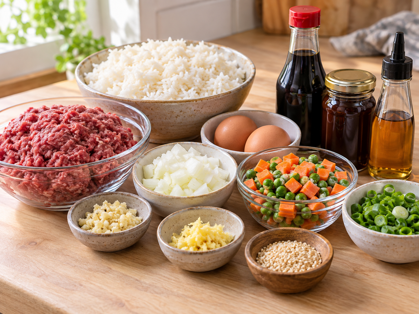 Raw ingredients for beef fried rice including ground beef, rice, egg, and vegetables