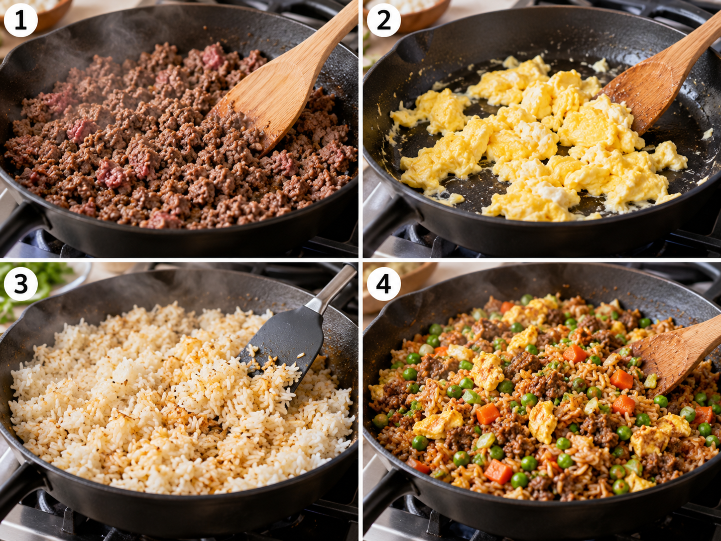 Four steps of cooking beef fried rice from browning beef to tossing with sauce