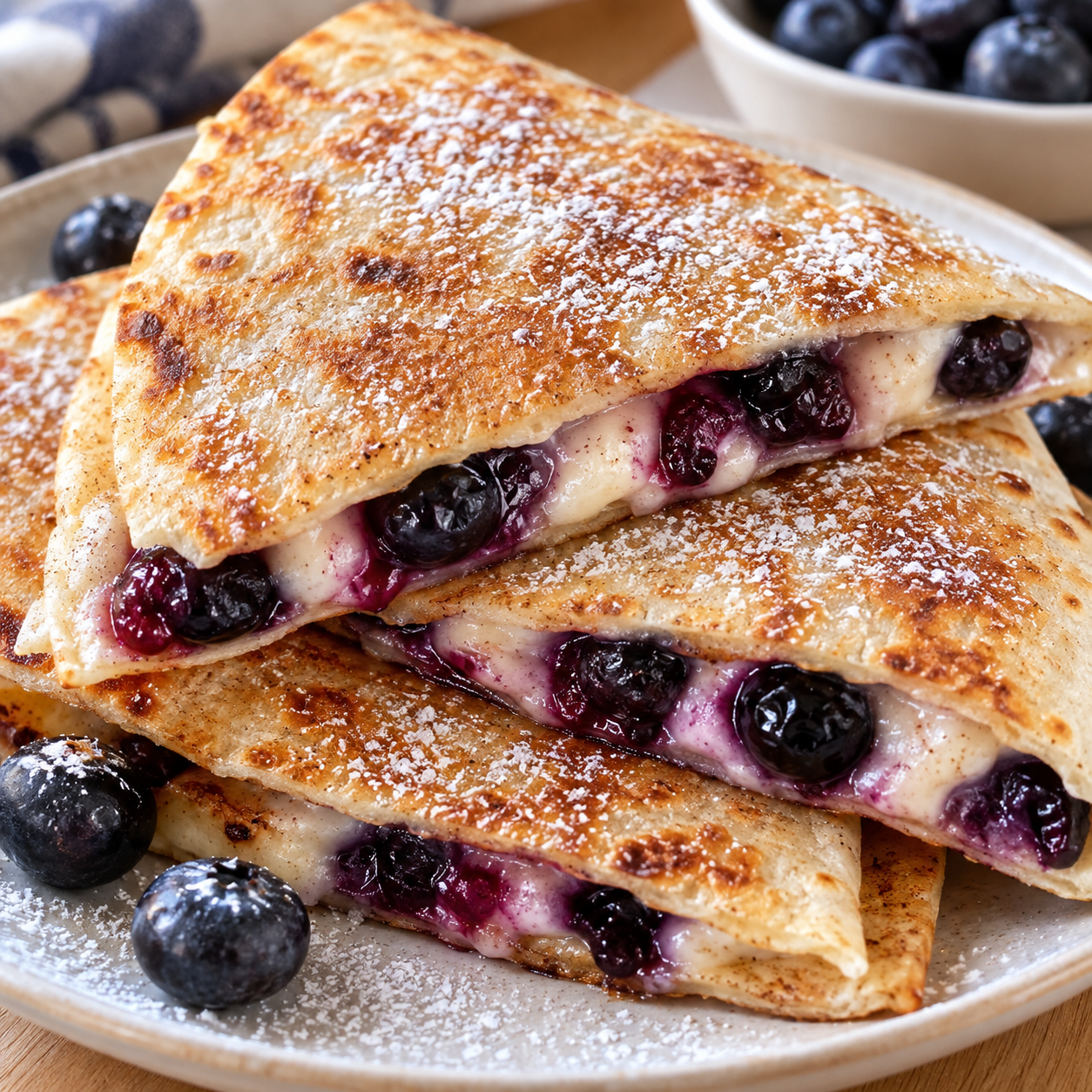 Golden folded quesadilla sliced into wedges with cinnamon cream cheese and blueberry filling