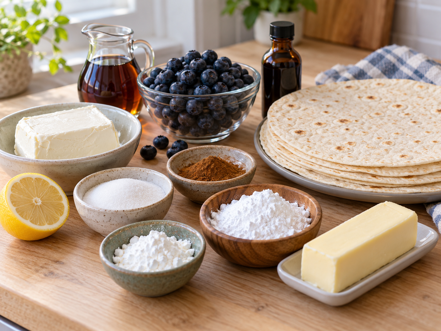 Raw ingredients for blueberry breakfast quesadillas including cream cheese, blueberries, and tortillas