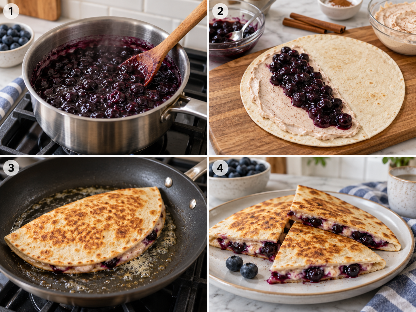 Four steps of making blueberry breakfast quesadillas from simmering berries to sliced wedges