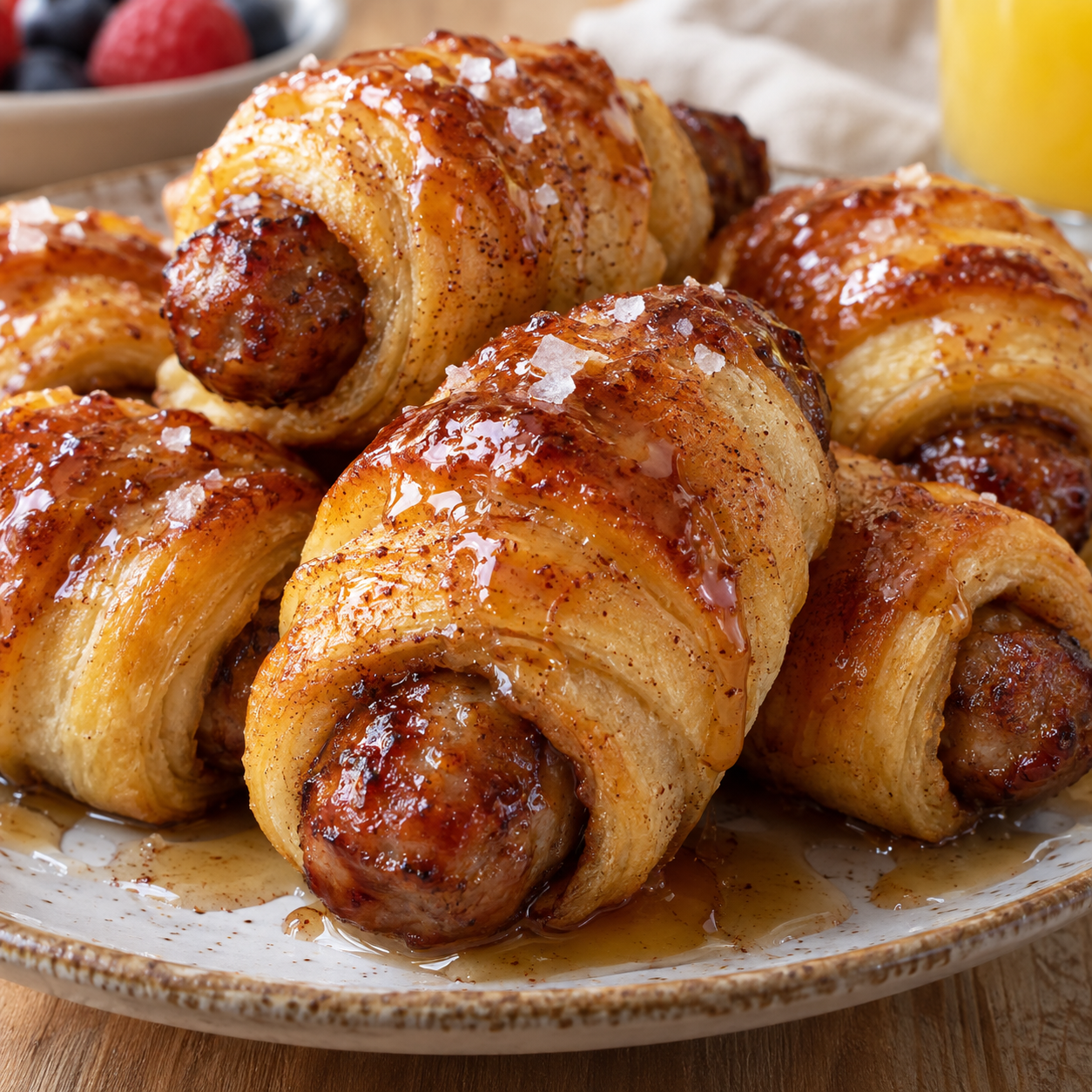 Maple-glazed breakfast pigs in a blanket on a brunch plate