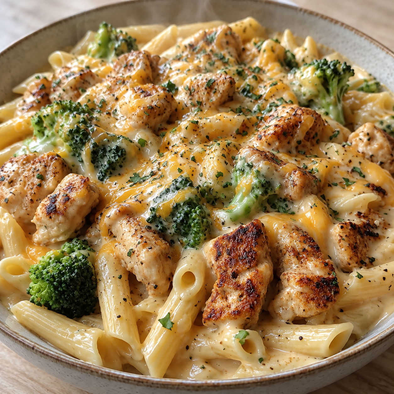 Bowl of Cajun chicken broccoli Alfredo with penne pasta and parmesan cream sauce