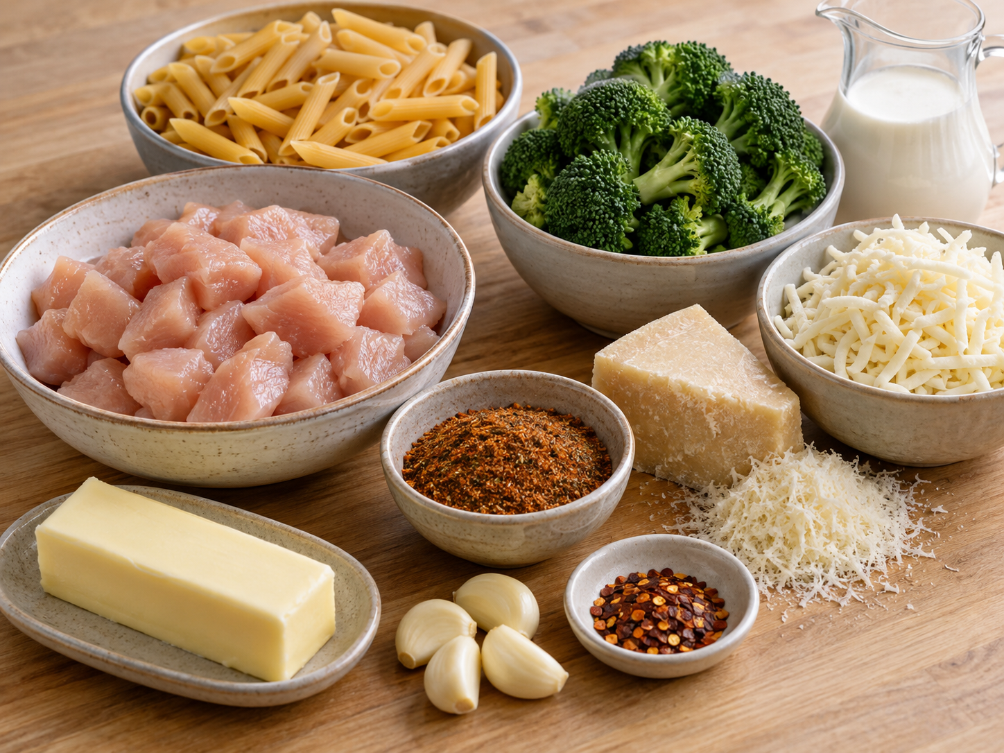 Raw ingredients for Cajun chicken broccoli Alfredo including chicken, pasta, cream and cheese