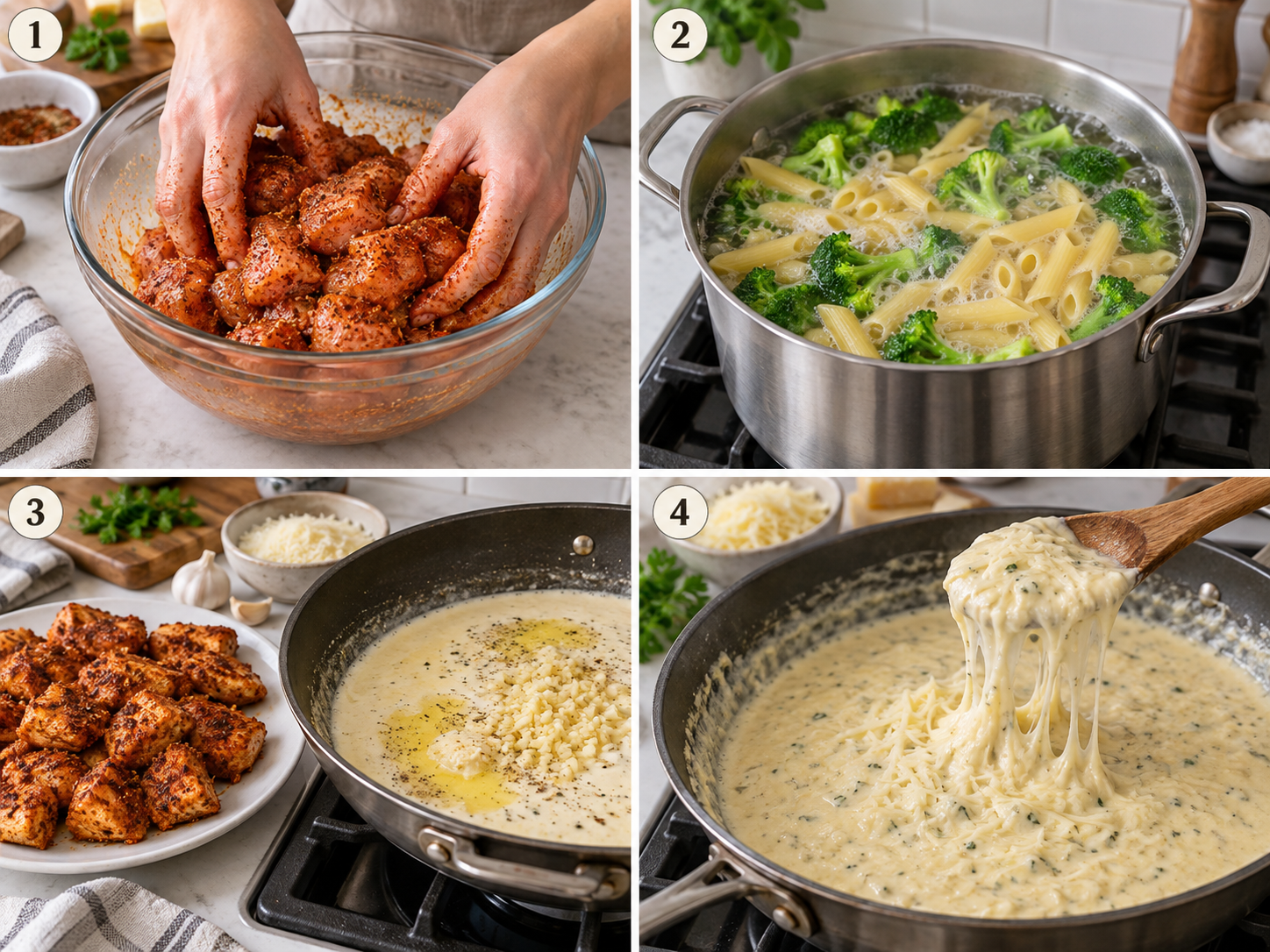 Four steps of making Cajun chicken broccoli Alfredo from seasoning to sauce