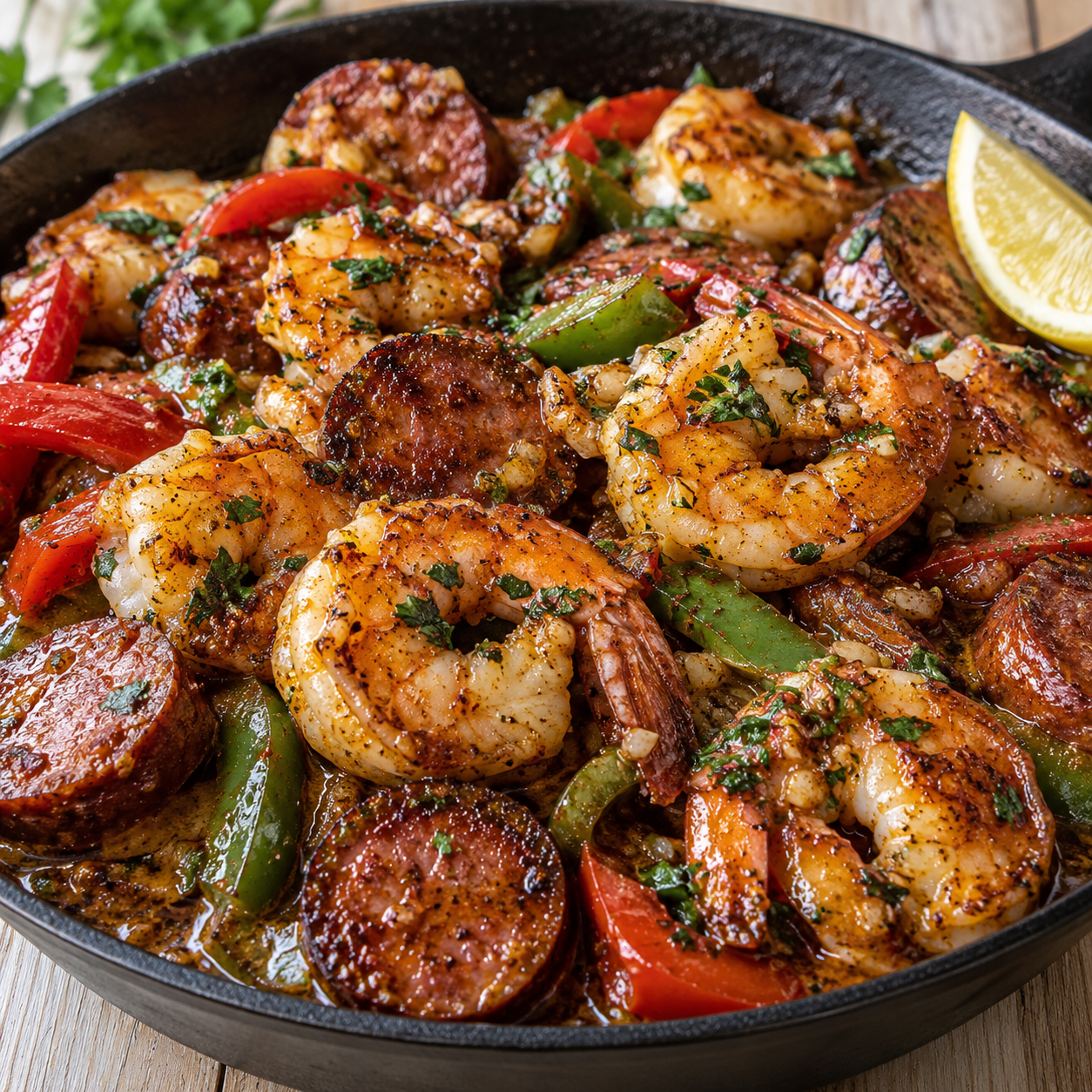 Cajun garlic butter shrimp and sausage with peppers in a skillet