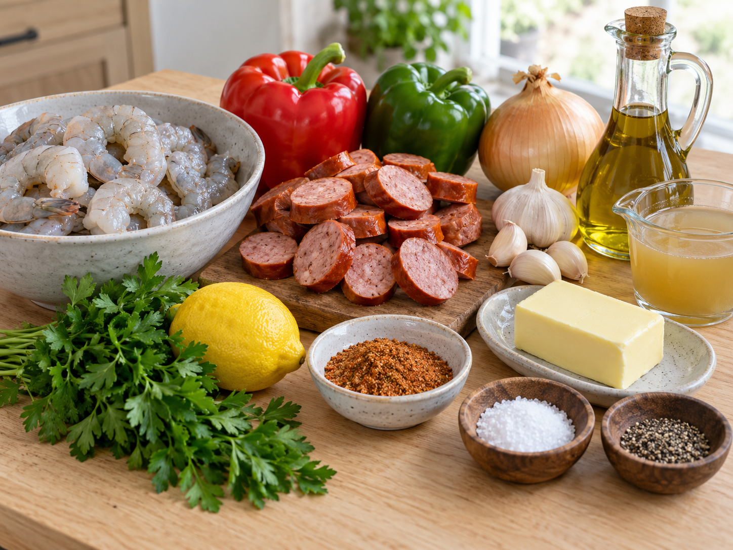 Ingredients for Cajun shrimp and sausage with peppers and garlic butter