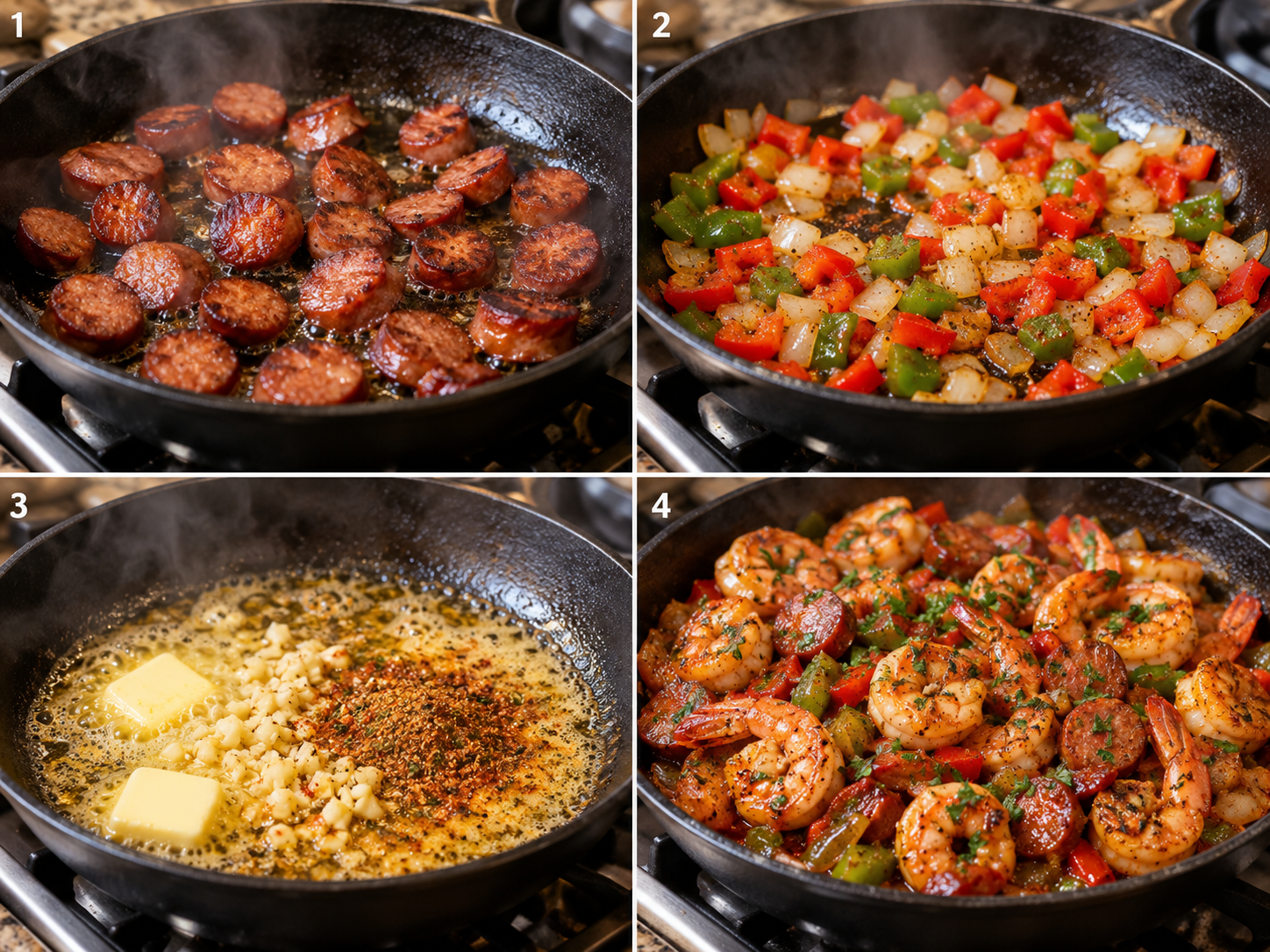 Four steps for making Cajun garlic butter shrimp and sausage