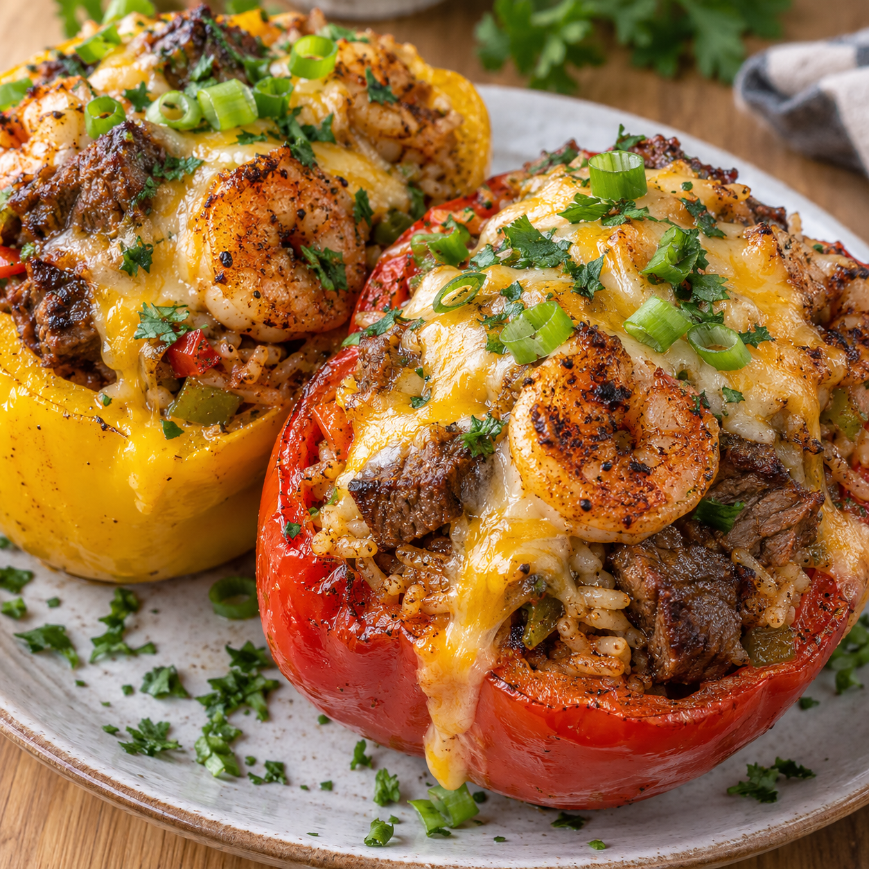 Cajun surf and turf stuffed bell peppers with melted cheese and steak and shrimp filling