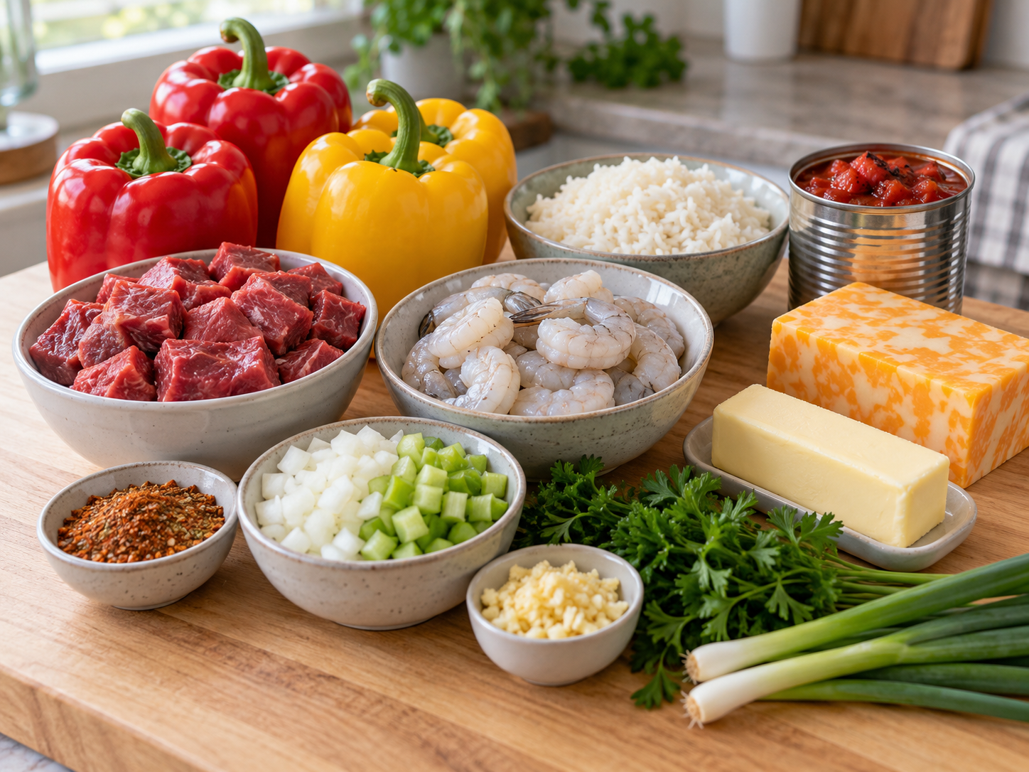 Raw ingredients for Cajun surf and turf stuffed peppers including steak, shrimp, and bell peppers
