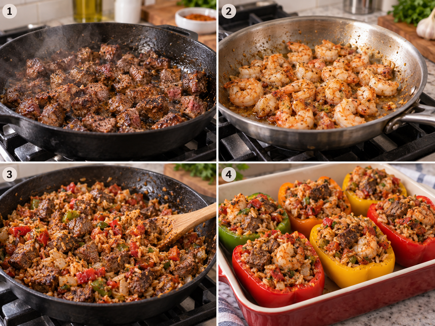 Four steps of making Cajun surf and turf stuffed peppers from searing to stuffing