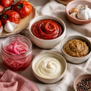 Homemade tomato ketchup, mustard, garlic aioli, and pickled onions
