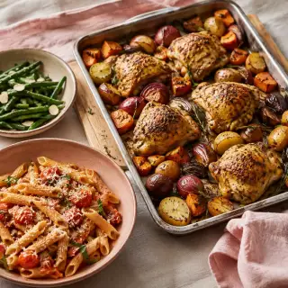 A cozy family dinner with chicken, pasta, and vegetables