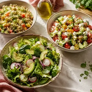 Fresh green, cucumber tomato, and herb grain salads