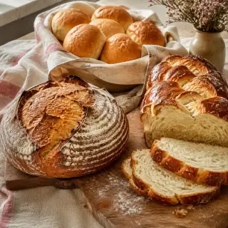 Freshly baked sourdough, dinner rolls, and braided bread