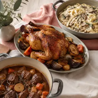 Roast chicken, creamy pasta, and slow-cooked beef main dishes