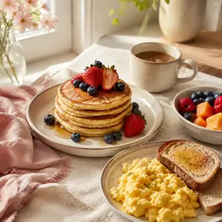 A bright homemade breakfast with pancakes, eggs, toast, coffee, and fruit