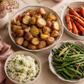 Homemade roasted potatoes, carrots, green beans, and herb rice