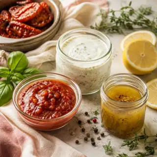 Homemade tomato, herb, and citrus sauces and marinades