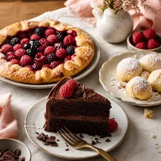 Homemade chocolate cake, berry tart, and powdered pastries