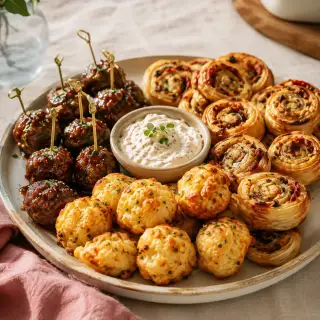 A platter of homemade meatball, pastry, and cheese bites